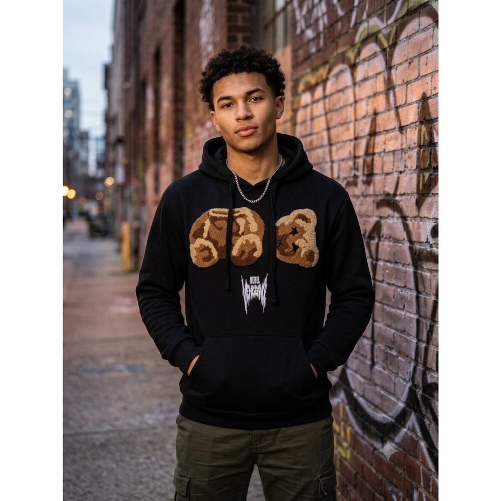 Rebel Vengeance Black Teddy Bear Boucle Patch Hoodie Streetwear Mens Size Large